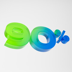 Transparent green and blue ninety percent or 90 % isolated over white background. 3D rendering.