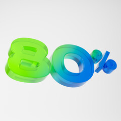 Transparent green and blue eighty percent or 80 % isolated over white background. 3D rendering.