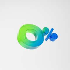 Transparent green and blue zero percent or 0 % isolated over white background. 3D rendering.