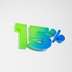 Transparent green and blue fifteen percent or 15 % isolated over white background. 3D rendering.