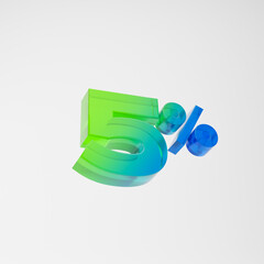 Transparent green and blue five percent or 5 % isolated over white background. 3D rendering.