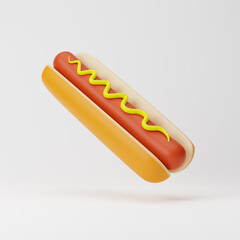 Falling hot dog with mustard isolated over white background. Fast food concept. 3D rendering.