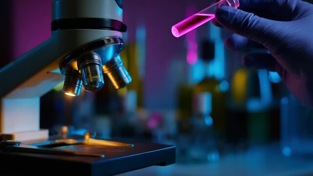 Exploring the Microscopic World: A Gloved Hand Carefully Places a Test Tube Under a High-Precision Microscope, Illuminated by Vibrant Pink Light, Capturing the Essence of Scientific Research and