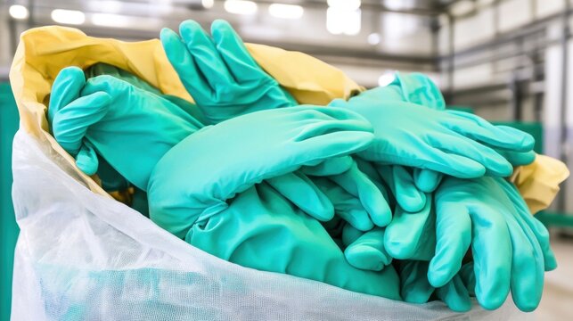 A large pile of discarded blue and green nitrile gloves forming a protective barrier
