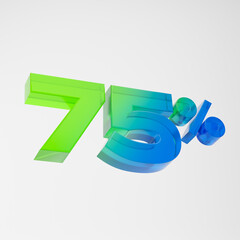 Transparent green and blue seventy five percent or 75 % isolated over white background. 3D rendering.