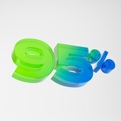 Transparent green and blue ninety five percent or 95 % isolated over white background. 3D rendering.