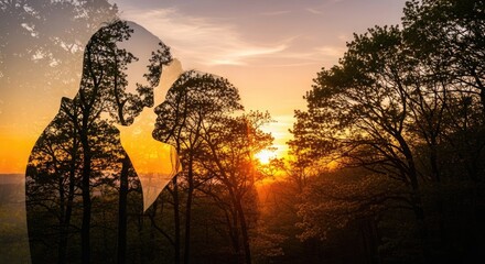 An enchanting double exposure shows a couple gazing at each other, their silhouettes filled with a sunlit forest, symbolizing an intimate connection with nature and each other.