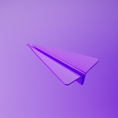 Paper plane icon isolated over purple background. 3D rendering.