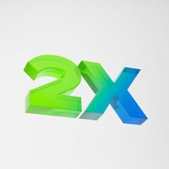 Transparent green and blue 2x symbol isolated over white background. 3D rendering.