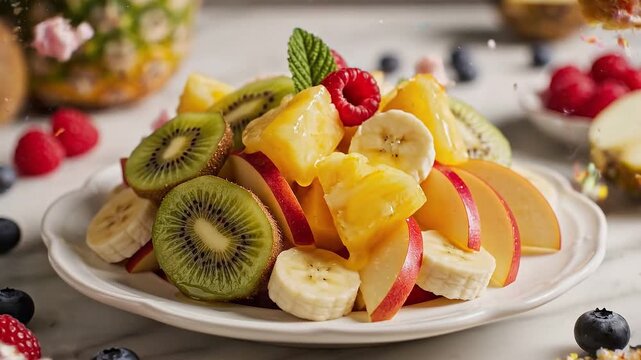 Small pink cake with raspberries and mint leaves on top. Delicious fruit salad with banana, kiwi, peach, and pineapple for dessert.
