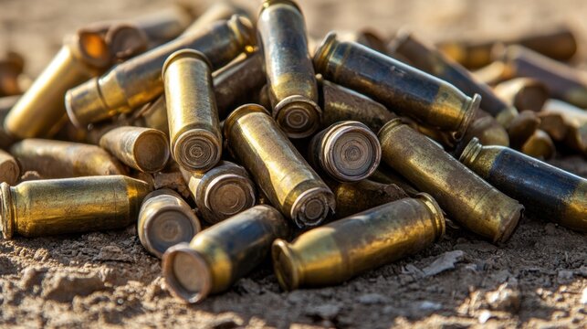 A large pile of spent ammunition casings made of brass and steel lies discarded on the ground