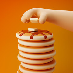 Cartoon hand adding extra butter to pancakes with maple syrup isolated over yellow background. 3D rendering.