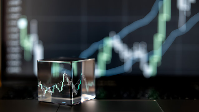 Transparent cube displaying stock market graph on a laptop keyboard with blurred chart background finance - Powered by Adobe
