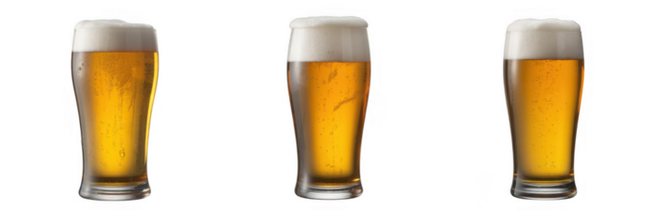 Three Glasses of Beer with Foam drink alcohol isolated on a transparent background
