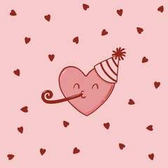 Cute heart with party hat doodle illustration for postcard