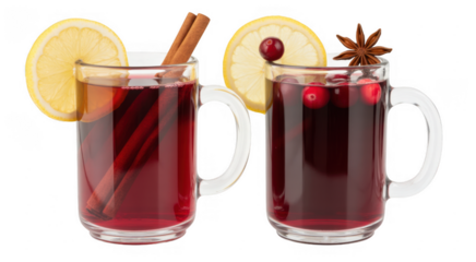 Two Mugs of Red Cranberry Punch with Lemon Slices and Cinnamon Sticks isolated on a transparent background