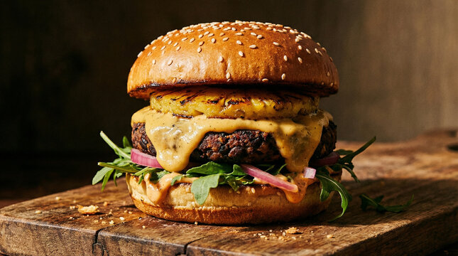 stacked vegan burger with a smoky black bean patty, melted cashew queso, charred pineapple ring, baby arugula, pickled red onion and chipotle mayo, sesame brioche-style vegan bun