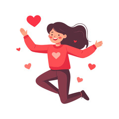 Joyful Woman Jumps with Hearts, Celebrating Love and Happiness