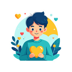Smiling Young Man Holding a Bright Yellow Heart in a Cheerful Illustration