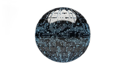 Glowing digital sphere featuring complex etched circuit board patterns representing global technology and artificial intelligence on transparent background