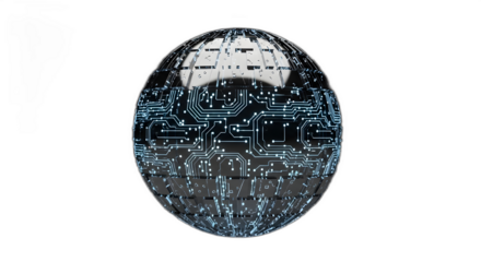 Glowing digital sphere featuring complex etched circuit board patterns representing global technology and artificial intelligence on transparent background