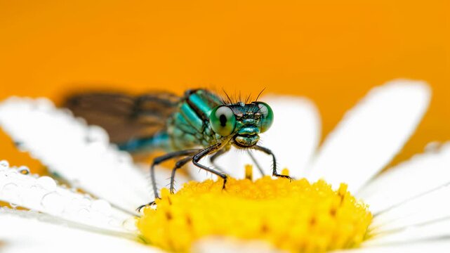 Macro side view of Brown-winged sweat bee in daisy against green background