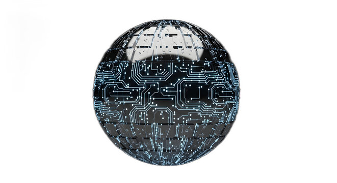 Glowing digital sphere featuring complex etched circuit board patterns representing global technology and artificial intelligence on transparent background - Powered by Adobe