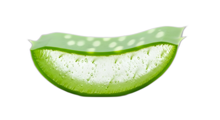 Close-up view of a freshly sliced piece of vibrant green aloe vera leaf showing moist gel interior on transparent background