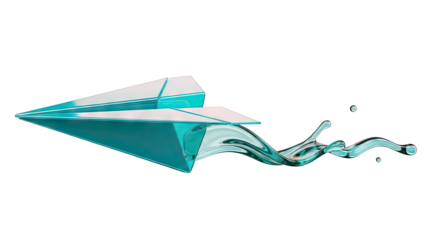 Turquoise paper airplane emerging from swirling liquid splash