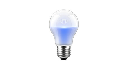 Modern, glowing smart LED light bulb featuring a prominent white Wi-Fi connectivity symbol in the center on transparent background