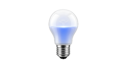Modern, glowing smart LED light bulb featuring a prominent white Wi-Fi connectivity symbol in the center on transparent background