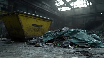 A large yellow dumpster filled with discarded garbage and refuse in an industrial setting with sunlight streaming from above