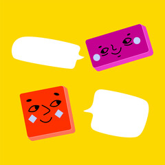 Two anthropomorphic characters in form of geometric shapes:  square and rectangle, with friendly faces on rich yellow background and dialog boxes. Vector illustration of social media messages.