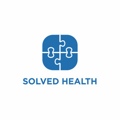 Fototapeta premium Four interconnected puzzle pieces with medical cross icon for healthcare solutions or clinic branding identity named SOLVED HEALTH.