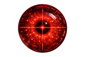 Futuristic red cyber eye scanning with targeting crosshair, representing artificial intelligence, cybernetics, and digital surveillance