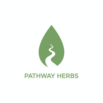 A natural green leaf with a winding path icon for herbal medicine or wellness brand identity business named PATHWAY HERBS.