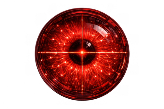 Futuristic red cyber eye scanning with targeting crosshair, representing artificial intelligence, cybernetics, and digital surveillance - Powered by Adobe