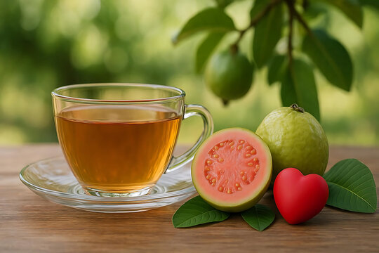 Guava tea in a clear glass cup, with a tree of guavas in the background.