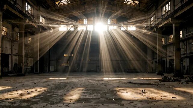 Abandoned Industrial Warehouse Interior with Sunlight Beams Dusty Air Weathered Concrete and Dramatic Shadows in Vast Empty Space