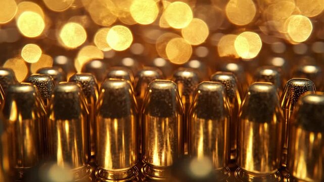 Close look at metallic bullets with golden bokeh background illuminating details at a shooting range