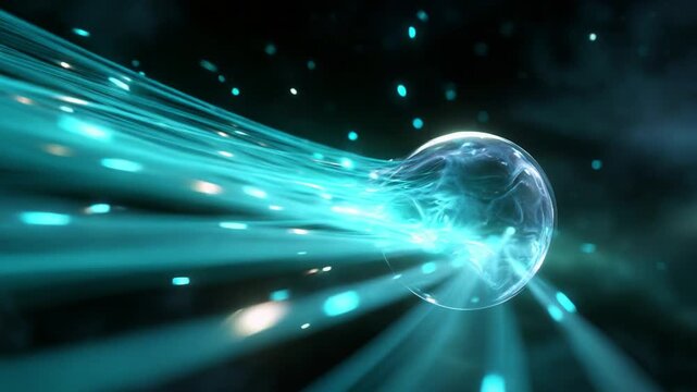 A stunning visualization of a translucent orb moving through a luminescent stream of energy, showcasing the beauty of fluid dynamics and light interaction in a cosmic scenario, evoking a sense of