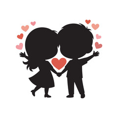 Stylized silhouette of a boy and girl holding hands surrounded by hearts, celebrating love