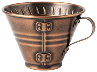 Vintage style copper metal pour over coffee dripper cup isolated with transparent background