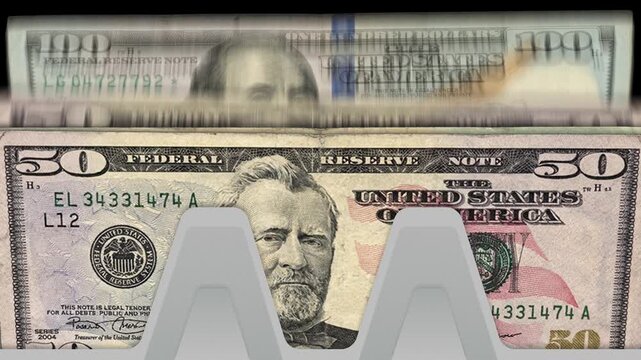 Money printer go brrr. Counting cash machine animation with mixed US dollar bills. Seamless stop motion loop depicting shadow economy, cash flow, jackpot and financial wealth generation