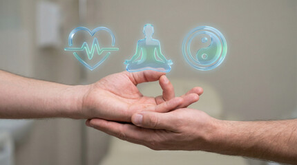Hands holding a glowing holographic wellness interface with heart rate icon meditation figure and yin yang symbol representing holistic balance © Vitalo4ok