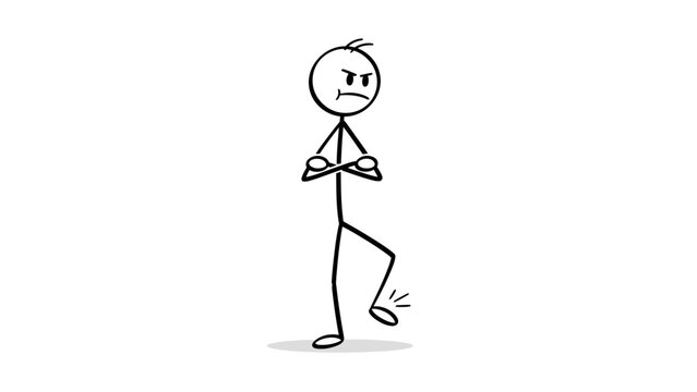 Angry and frustrated stick figure man standing with arms crossed, tapping foot impatiently on an isolated white background.