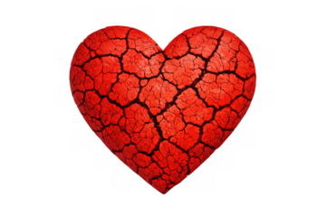 Broken red heart with cracked texture representing pain, sadness, suffering, relationship problem