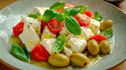 Fresh salad with feta, cherry tomatoes, green olives and basil, dressed with olive oil.