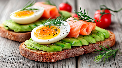 Healthy and balanced breakfast. Toast with avocado, lightly salted salmon, and a soft-boiled egg on a wooden background.