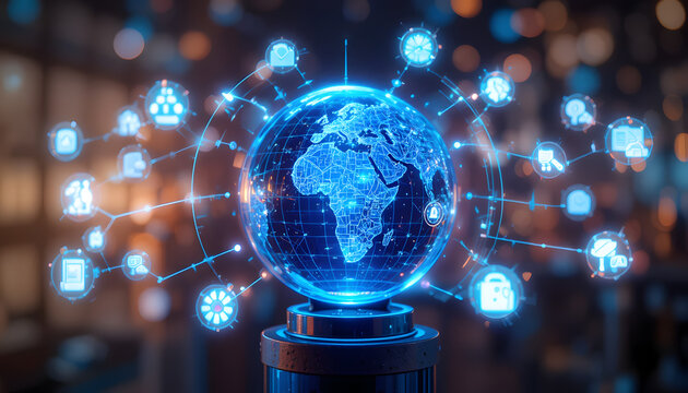 Futuristic digital globe with global network connectivity and data security icons in a dark, abstract environment - Powered by Adobe